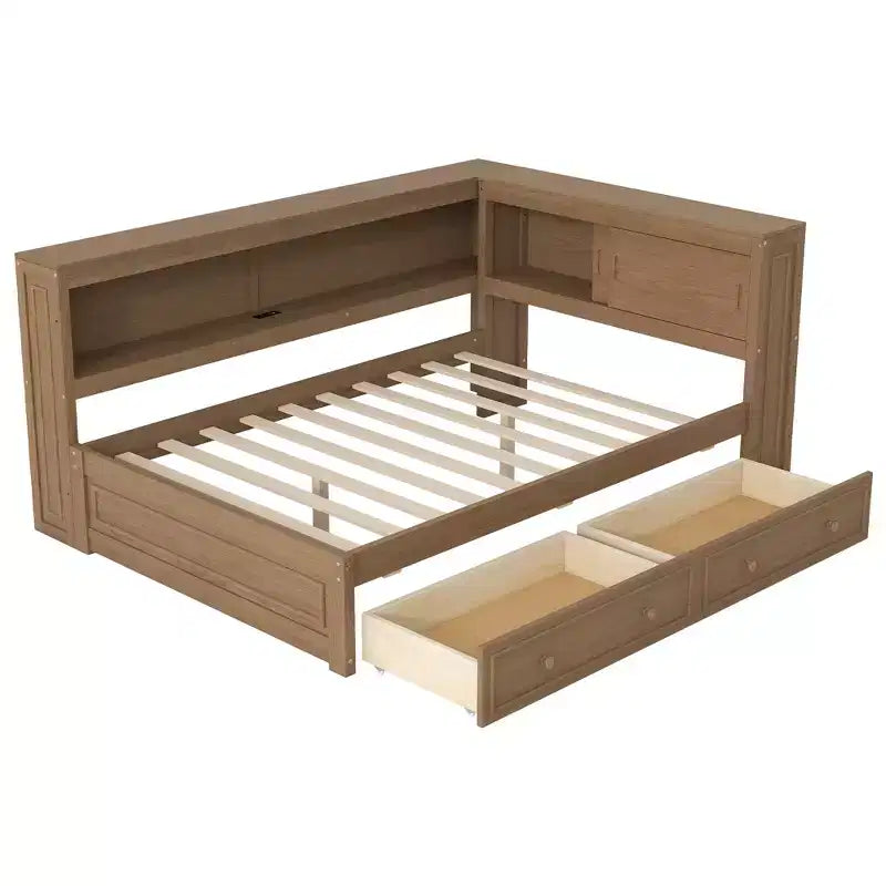 Divano letto angolare a L a grandezza naturale con contenitore, libreria e stazione di ricarica LED