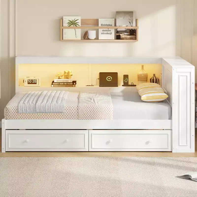 Divano letto angolare a L a grandezza naturale con contenitore, libreria e stazione di ricarica LED