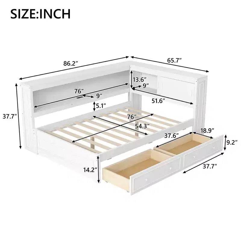 Divano letto angolare a L a grandezza naturale con contenitore, libreria e stazione di ricarica LED