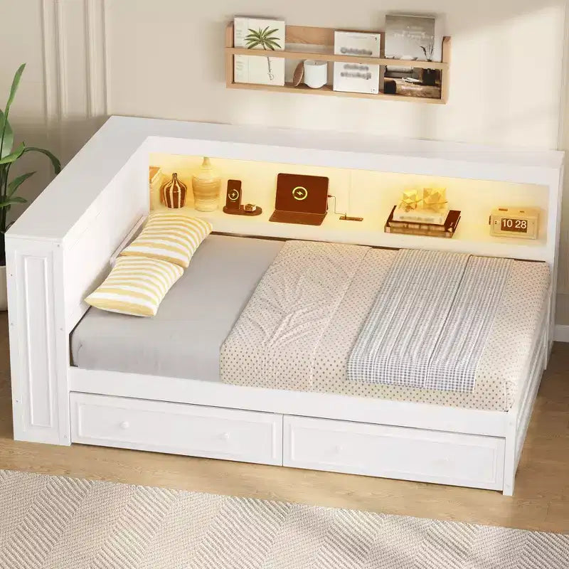 Divano letto angolare a L a grandezza naturale con contenitore, libreria e stazione di ricarica LED
