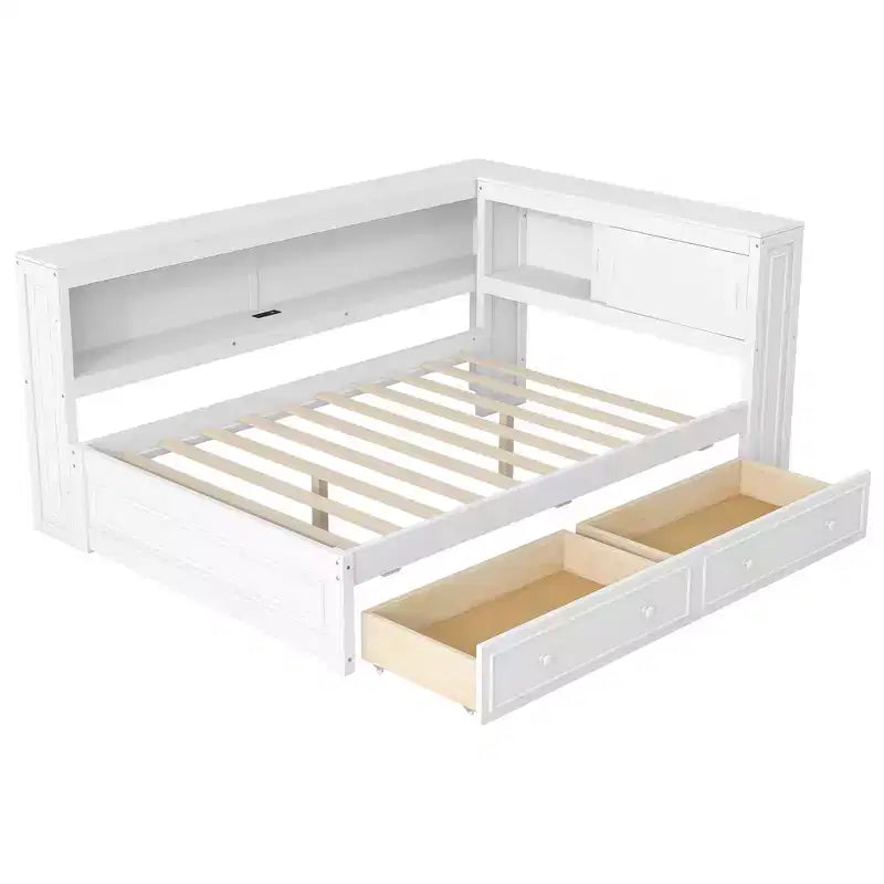 Divano letto angolare a L a grandezza naturale con contenitore, libreria e stazione di ricarica LED