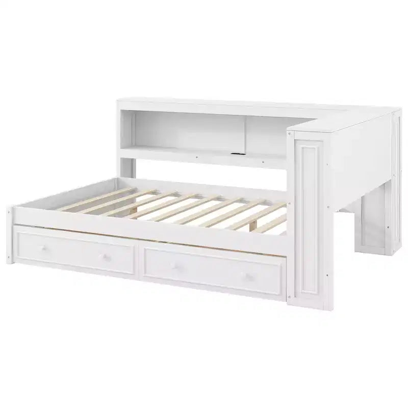 Divano letto angolare a L a grandezza naturale con contenitore, libreria e stazione di ricarica LED