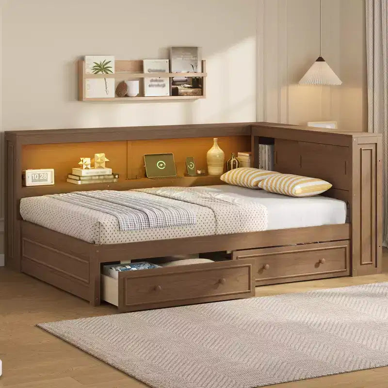 Divano letto angolare a L a grandezza naturale con contenitore, libreria e stazione di ricarica LED