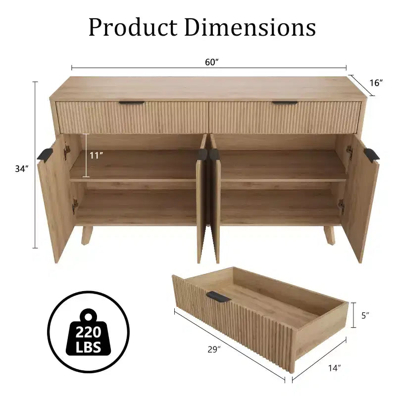 Credenza scanalata da 60" con 2 cassetti e 4 ante – Madia moderna