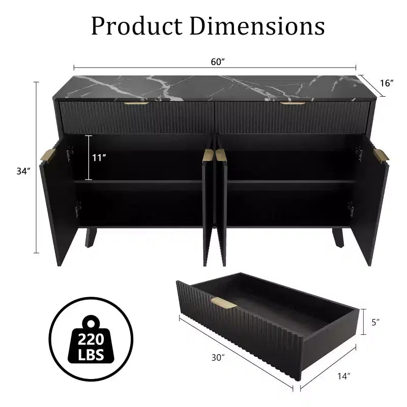 Credenza scanalata da 60" con 2 cassetti e 4 ante – Madia moderna
