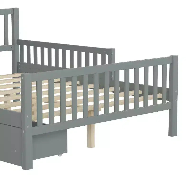 Letto a piattaforma interamente in legno con sponde di protezione e 2 cassetti portaoggetti – Letto per bambini grigio