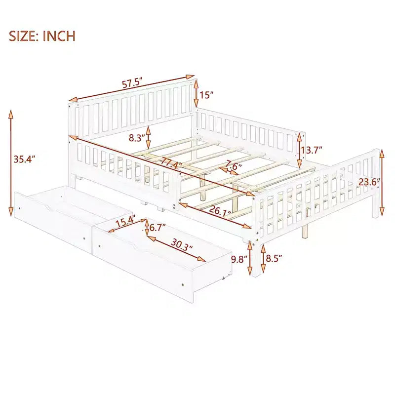 Letto a piattaforma interamente in legno con sponde di protezione e 2 cassetti portaoggetti – Letto per bambini grigio