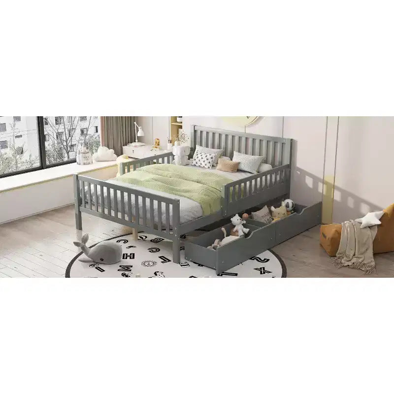 Letto a piattaforma interamente in legno con sponde di protezione e 2 cassetti portaoggetti – Letto per bambini grigio