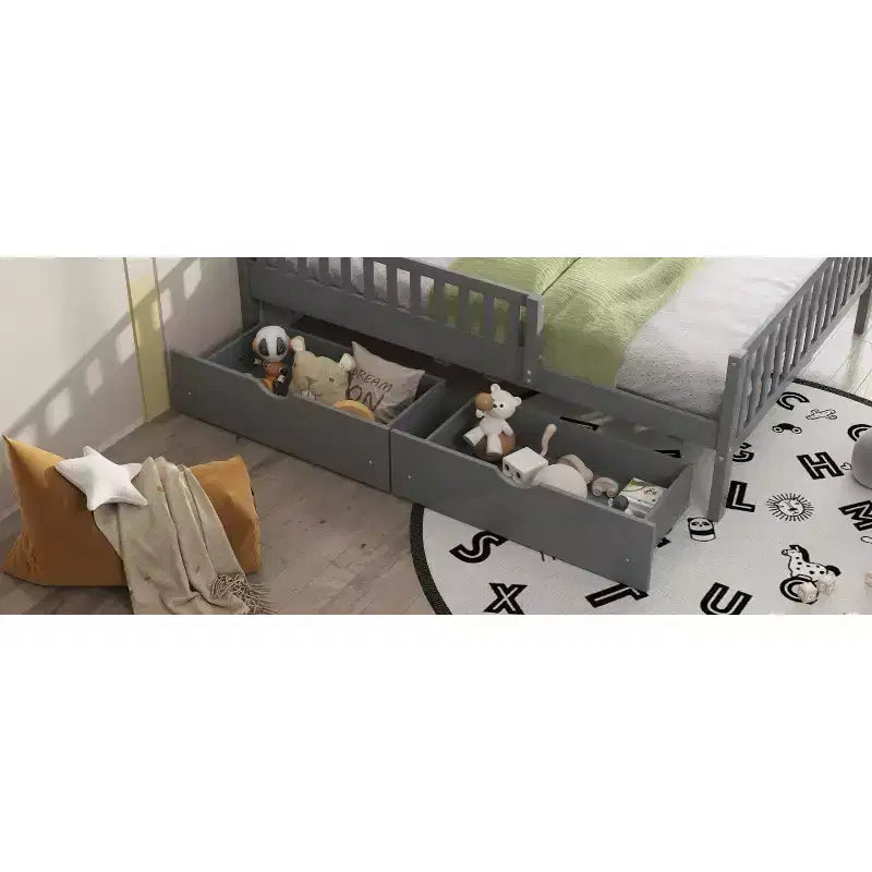 Letto a piattaforma interamente in legno con sponde di protezione e 2 cassetti portaoggetti – Letto per bambini grigio