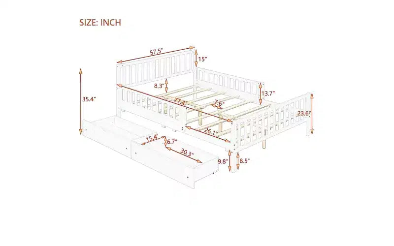 Letto a piattaforma interamente in legno con sponde di protezione e 2 cassetti portaoggetti – Letto per bambini grigio