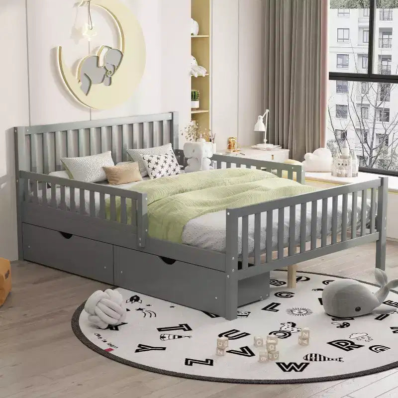 Letto a piattaforma interamente in legno con sponde di protezione e 2 cassetti portaoggetti – Letto per bambini grigio