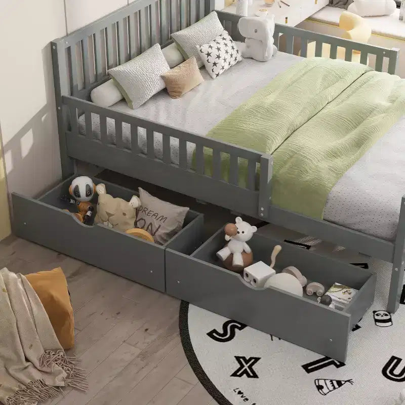 Letto a piattaforma interamente in legno con sponde di protezione e 2 cassetti portaoggetti – Letto per bambini grigio