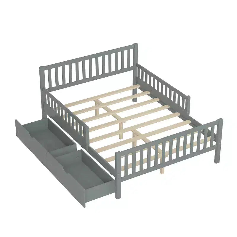 Letto a piattaforma interamente in legno con sponde di protezione e 2 cassetti portaoggetti – Letto per bambini grigio