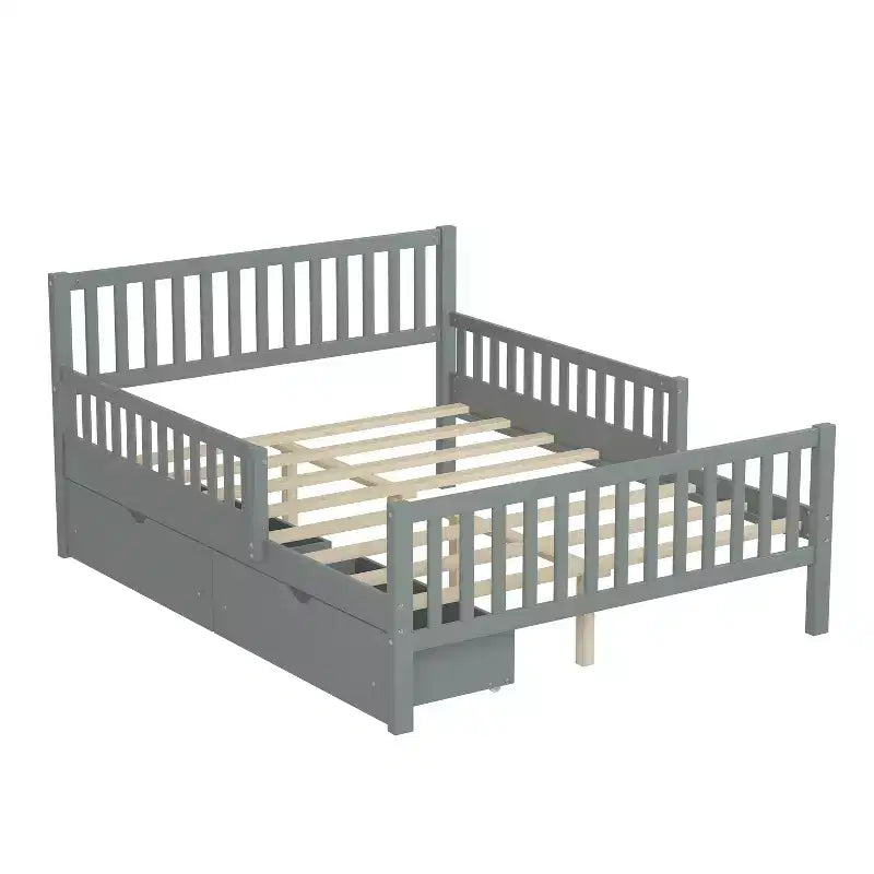Letto a piattaforma interamente in legno con sponde di protezione e 2 cassetti portaoggetti – Letto per bambini grigio