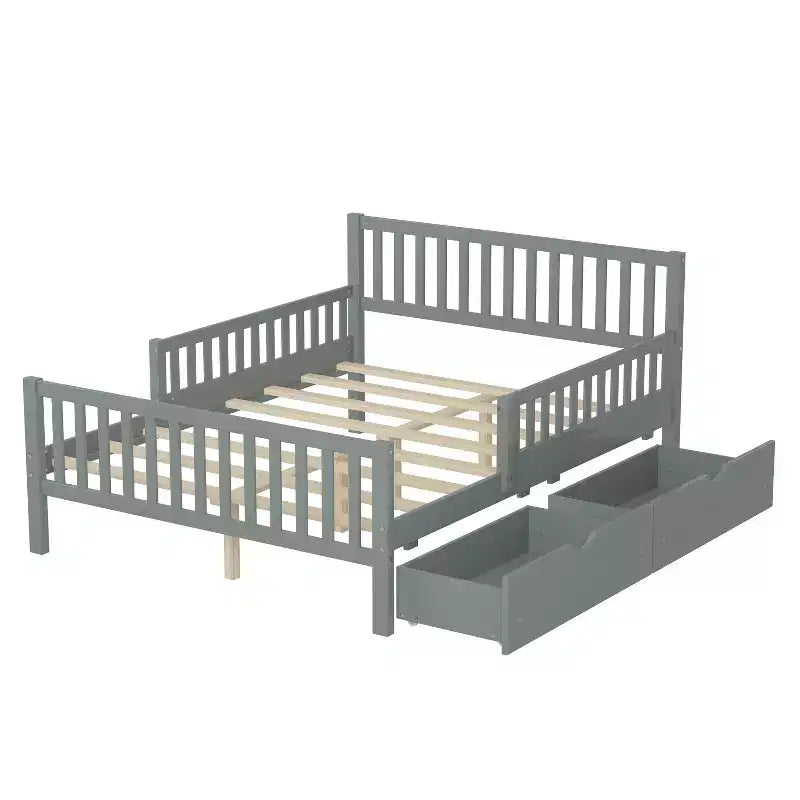 Letto a piattaforma interamente in legno con sponde di protezione e 2 cassetti portaoggetti – Letto per bambini grigio