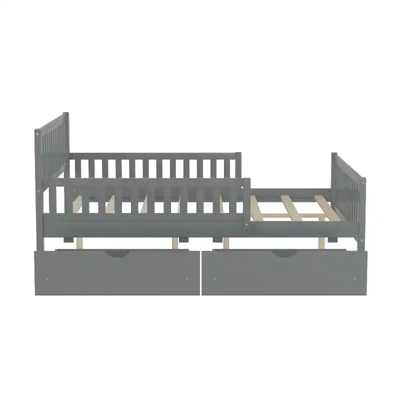 Letto a piattaforma interamente in legno con sponde di protezione e 2 cassetti portaoggetti – Letto per bambini grigio