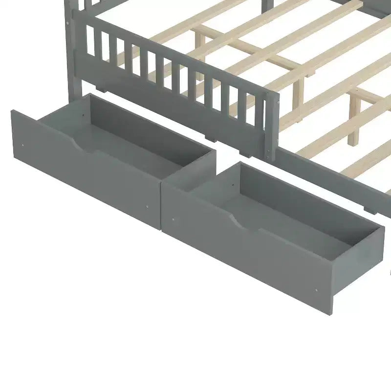 Letto a piattaforma interamente in legno con sponde di protezione e 2 cassetti portaoggetti – Letto per bambini grigio