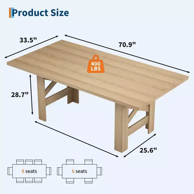 Tavolo da pranzo rustico da 180 cm per 6-8 persone – Grande tavolo da cucina rettangolare in legno