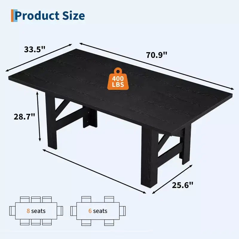 Tavolo da pranzo rustico da 180 cm per 6-8 persone – Grande tavolo da cucina rettangolare in legno