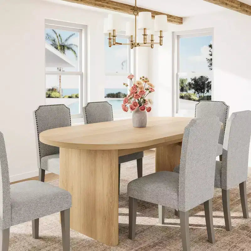 Set di 2 sedie da pranzo imbottite con gambe in legno – Tessuto di lino con schienale alto