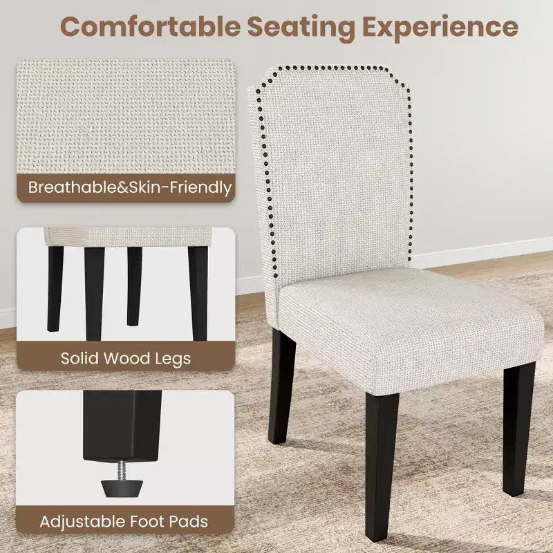 Set di 2 sedie da pranzo imbottite con gambe in legno – Tessuto di lino con schienale alto