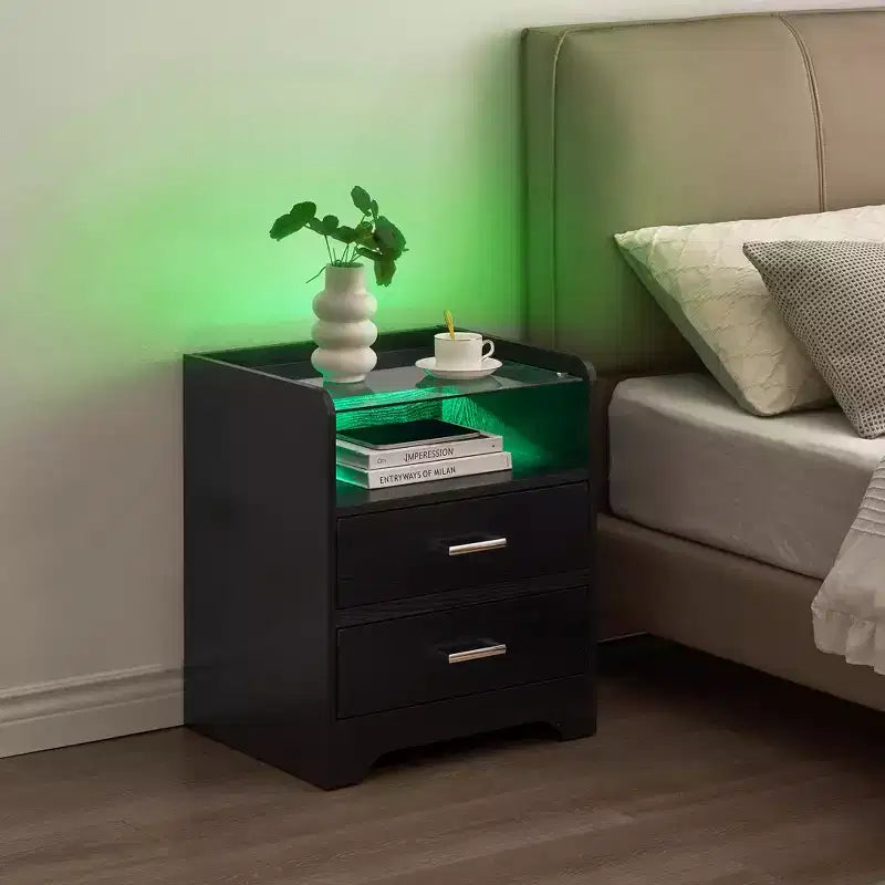 Comodino a LED con piano in vetro – Tavolino da camera piccolo con luci a LED