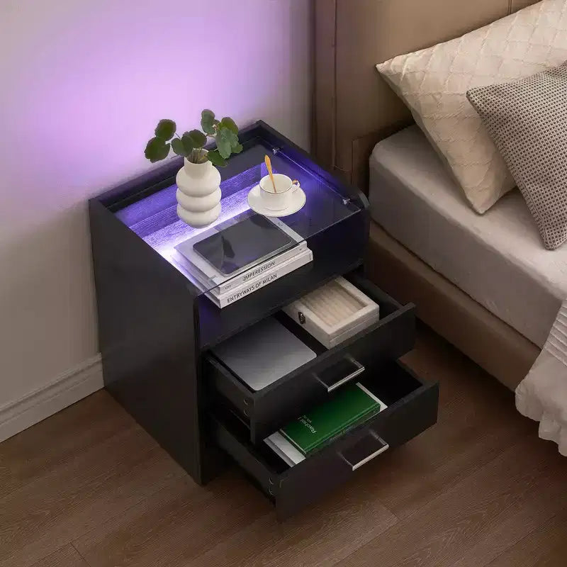 Comodino a LED con piano in vetro – Tavolino da camera piccolo con luci a LED