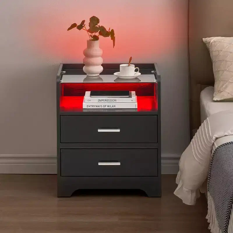 Comodino a LED con piano in vetro – Tavolino da camera piccolo con luci a LED