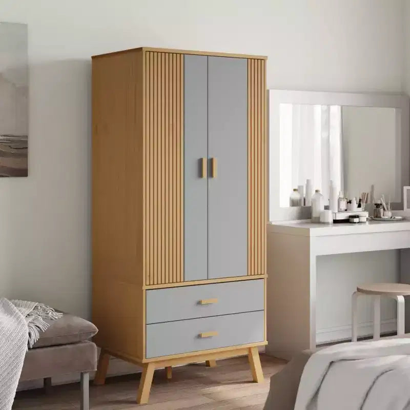 Armadio in pino massiccio grigio e marrone – Guardaroba autoportante per camera da letto