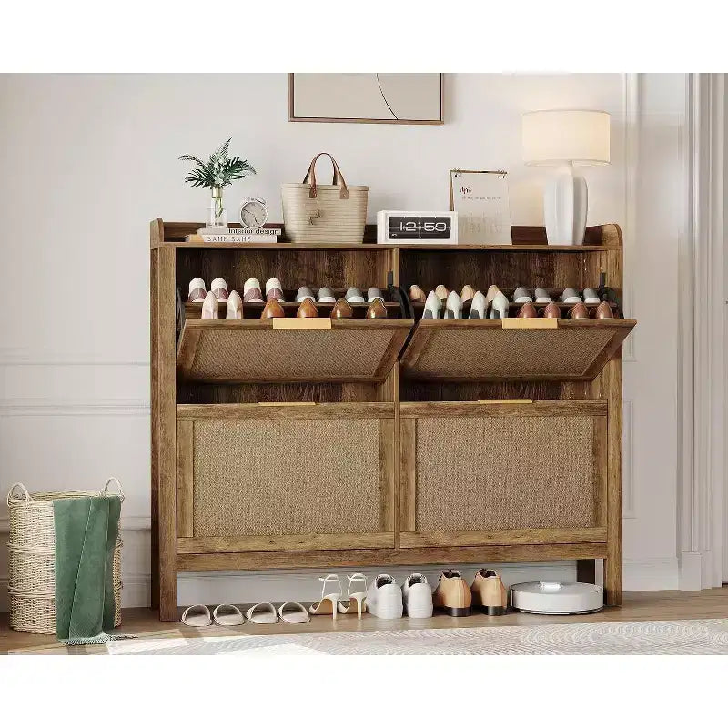 Scarpiera sottile in rattan con 4 cassetti a ribalta – Organizzatore da ingresso marrone