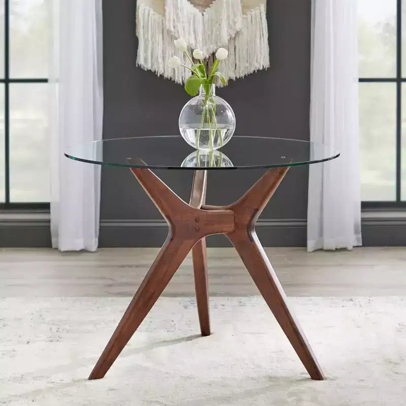 Tavolo da pranzo rotondo da 96,5 cm in vetro temperato – Base moderna mid-century in noce