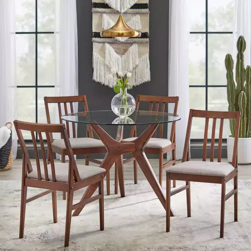 Tavolo da pranzo rotondo da 96,5 cm in vetro temperato – Base moderna mid-century in noce