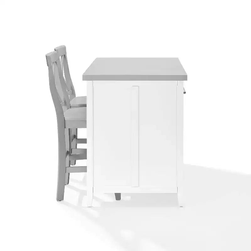 Isola da Cucina con Piano in Acciaio Inossidabile e Sgabelli con Schienale a X – Bianco e Grigio