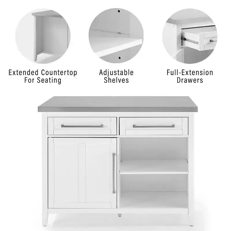 Isola da Cucina con Piano in Acciaio Inossidabile e Sgabelli con Schienale a X – Bianco e Grigio