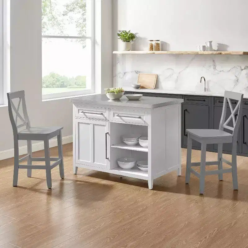 Isola da Cucina con Piano in Acciaio Inossidabile e Sgabelli con Schienale a X – Bianco e Grigio