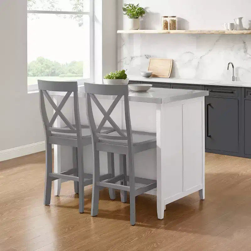 Isola da Cucina con Piano in Acciaio Inossidabile e Sgabelli con Schienale a X – Bianco e Grigio