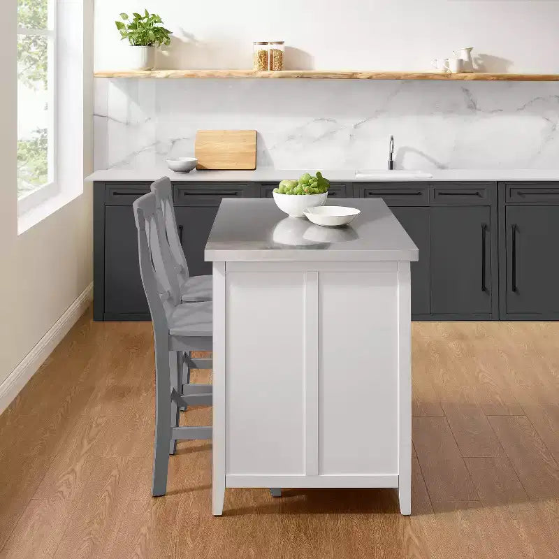 Isola da Cucina con Piano in Acciaio Inossidabile e Sgabelli con Schienale a X – Bianco e Grigio