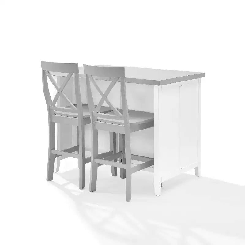Isola da Cucina con Piano in Acciaio Inossidabile e Sgabelli con Schienale a X – Bianco e Grigio
