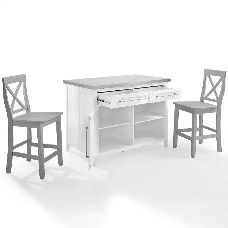 Isola da Cucina con Piano in Acciaio Inossidabile e Sgabelli con Schienale a X – Bianco e Grigio