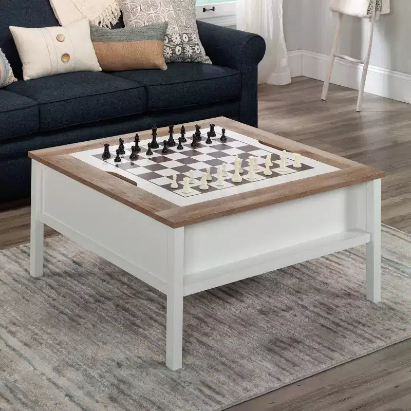 Tavolino da caffè per giochi con piano reversibile – Scacchiera e contenitore, bianco tenue