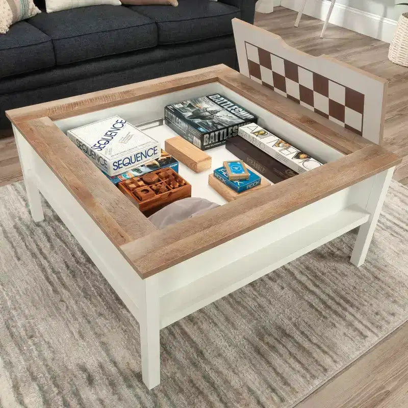 Tavolino da caffè per giochi con piano reversibile – Scacchiera e contenitore, bianco tenue