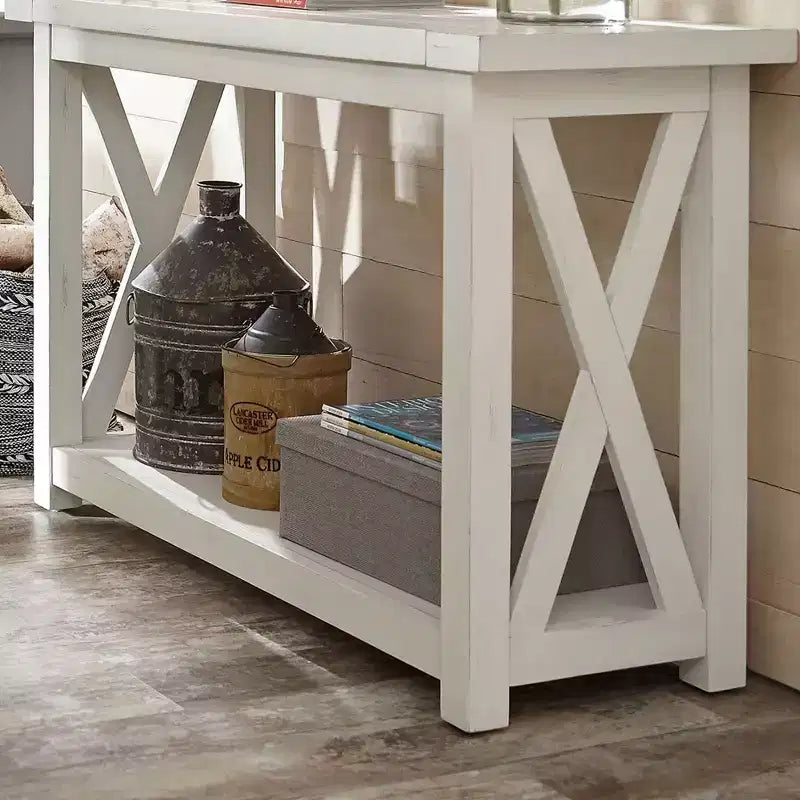 Console da ingresso con cassetto e ripiano in legno bianco sporco