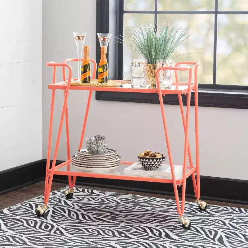 Carrello Bar Moderno di Metà Secolo – Carrello Portabevande con Ruote, Portabottiglie e Ripiani