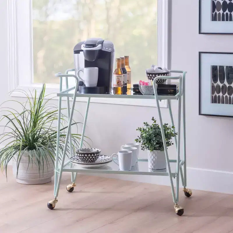 Carrello Bar Moderno di Metà Secolo – Carrello Portabevande con Ruote, Portabottiglie e Ripiani