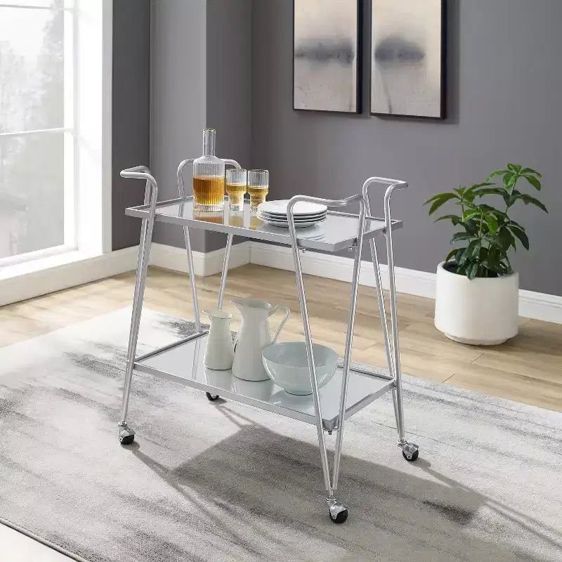 Carrello Bar Moderno di Metà Secolo – Carrello Portabevande con Ruote, Portabottiglie e Ripiani