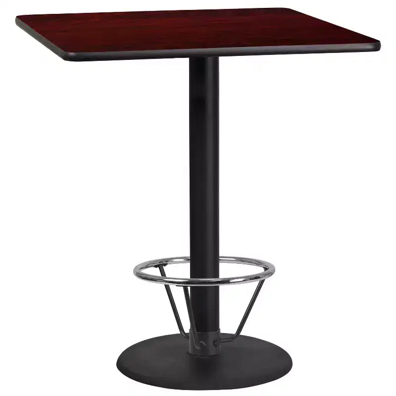 Tavolo da bar quadrato laminato da 36" con base ad anello poggiapiedi rotonda da 24" – Altezza pub