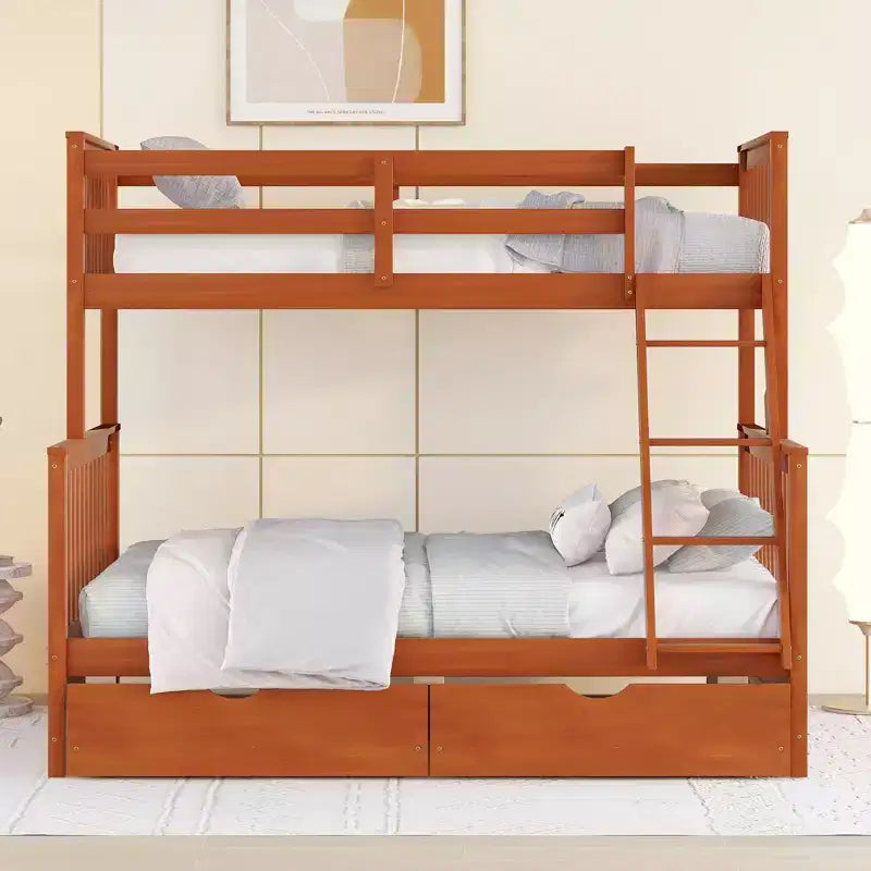 Letto a castello singolo sopra piazza e mezza con scaletta integrata e cassetti – Grigio, Noce, Bianco