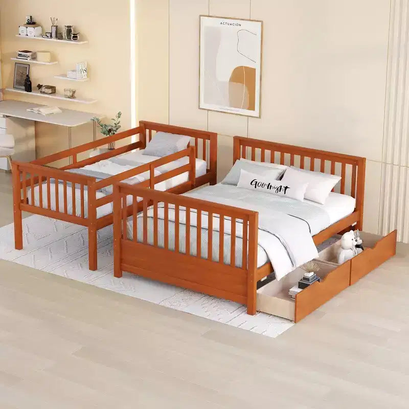 Letto a castello singolo sopra piazza e mezza con scaletta integrata e cassetti – Grigio, Noce, Bianco