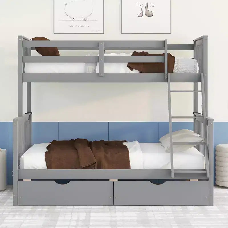 Letto a castello singolo sopra piazza e mezza con scaletta integrata e cassetti – Grigio, Noce, Bianco