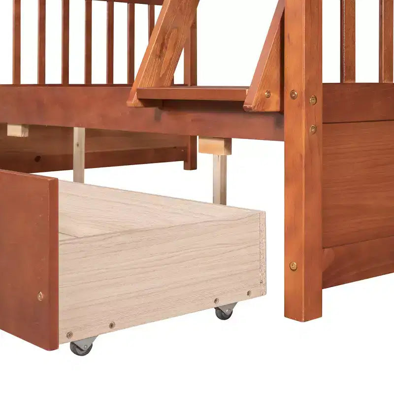 Letto a castello singolo sopra piazza e mezza con scaletta integrata e cassetti – Grigio, Noce, Bianco